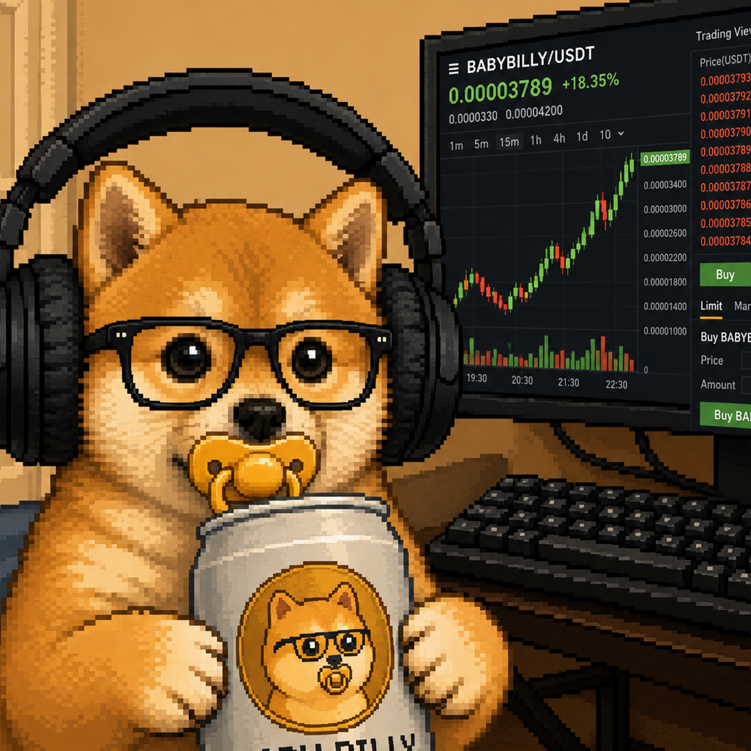 Baby Billy trading $BABYBILLY at his desk with headphones on