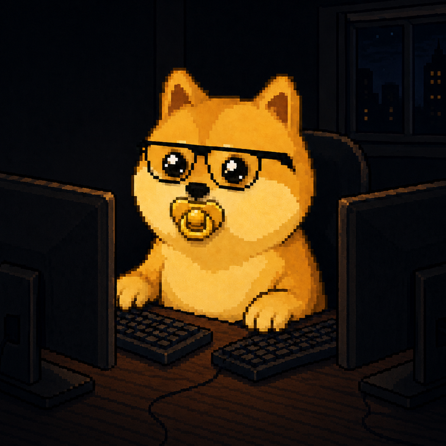 Baby Billy watching charts on two monitors at night