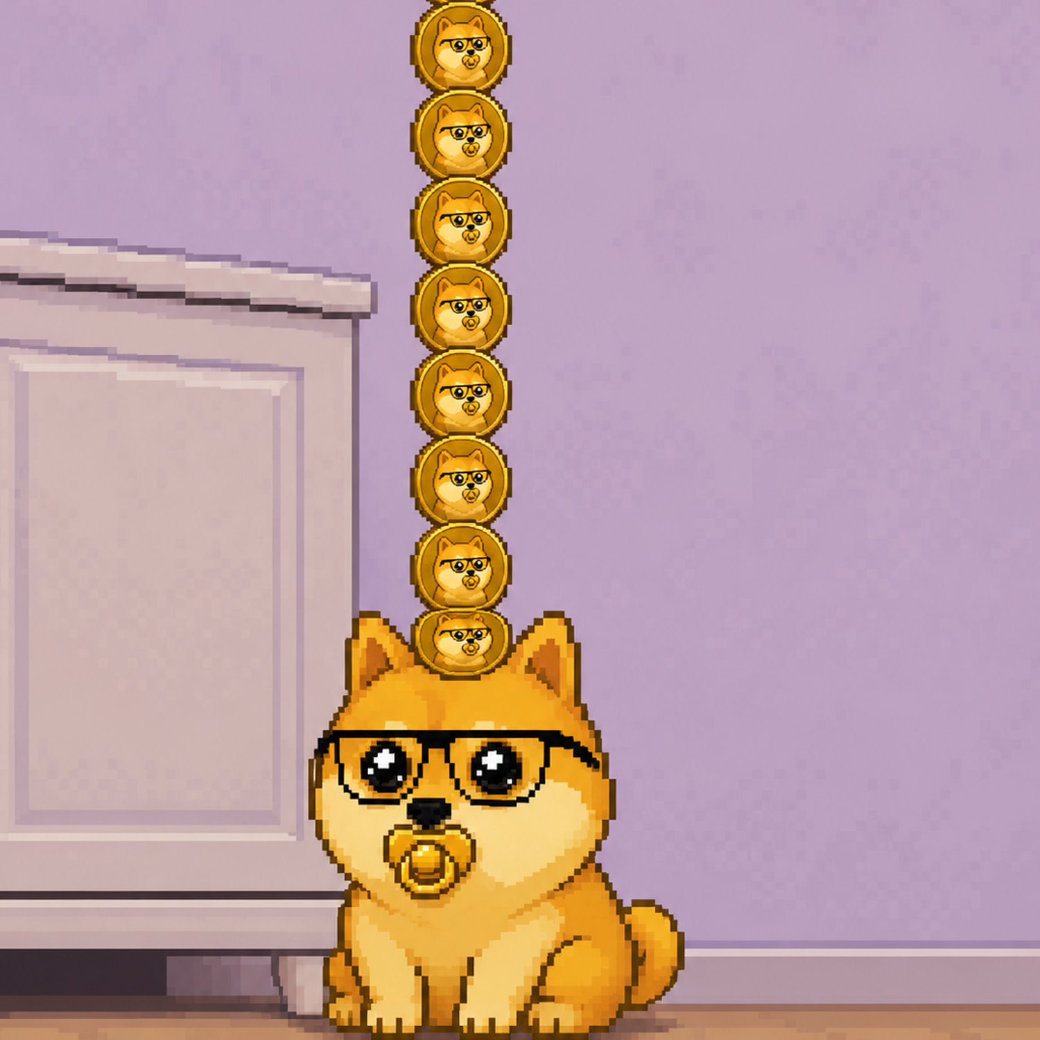 Baby Billy balancing a stack of golden coins on his head